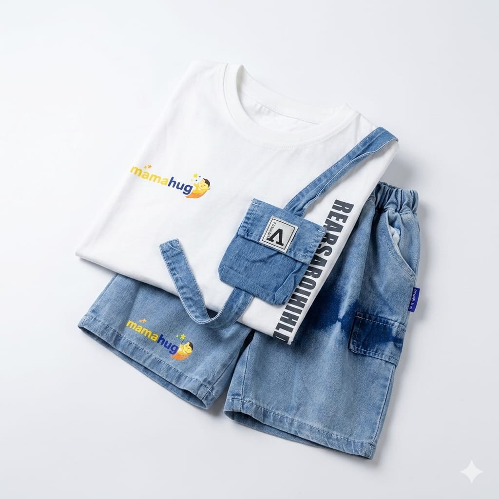 Mama Hug Boys White T-Shirt & Denim Shorts Co-Ord Set | Premium Summer Casual Outfit for Boys (1–6 Years)