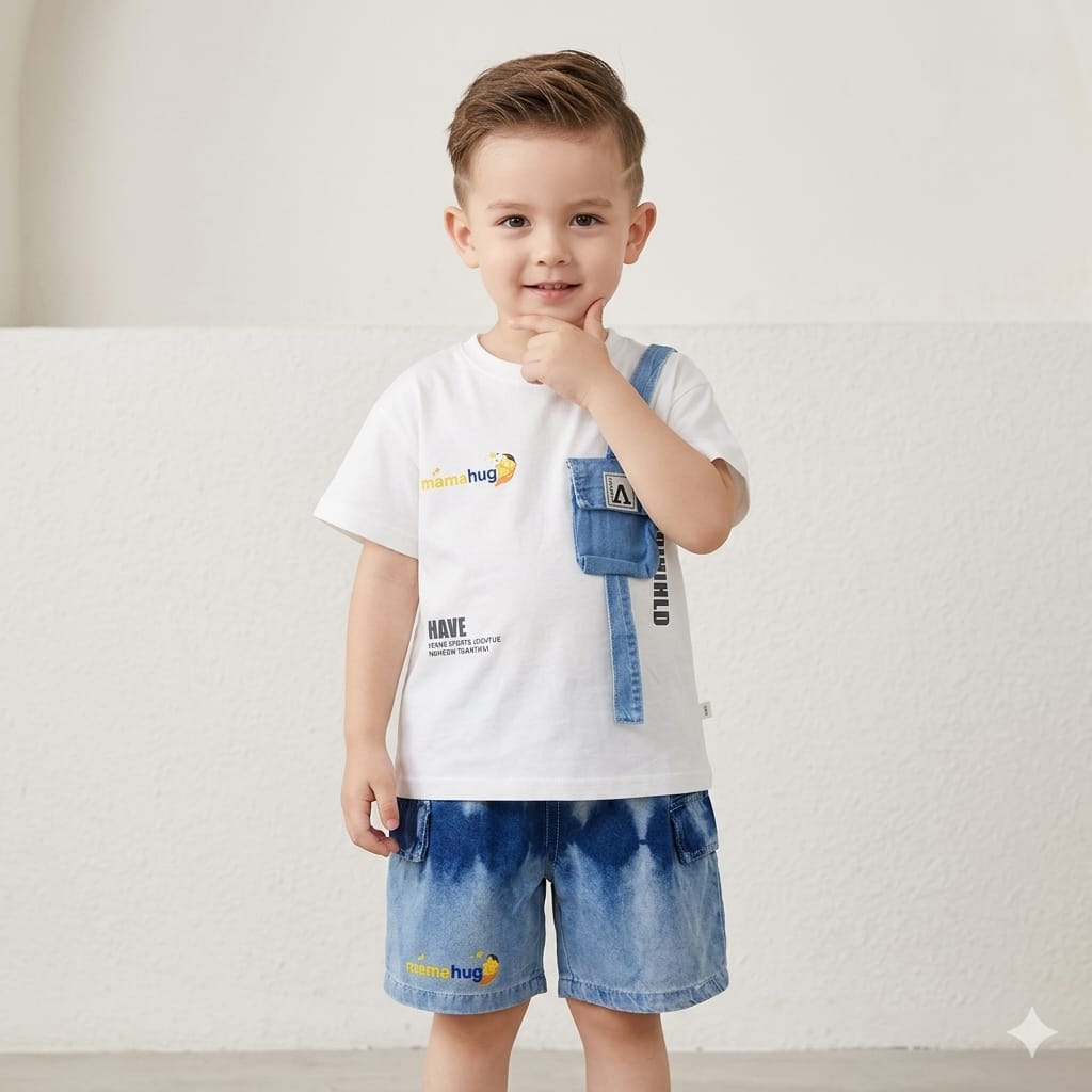 Mama Hug Boys White T-Shirt & Denim Shorts Co-Ord Set | Premium Summer Casual Outfit for Boys (1–6 Years)