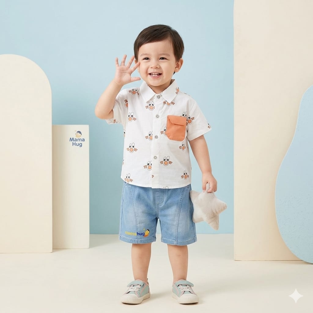 Mama Hug Boys Cartoon Print Shirt & Denim Shorts Co-Ord Set | Premium Summer Casual Outfit for Boys (1–6 Years)
