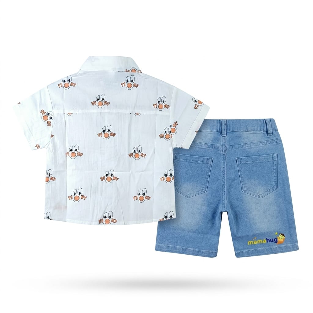 Mama Hug Boys Cartoon Print Shirt & Denim Shorts Co-Ord Set | Premium Summer Casual Outfit for Boys (1–6 Years)
