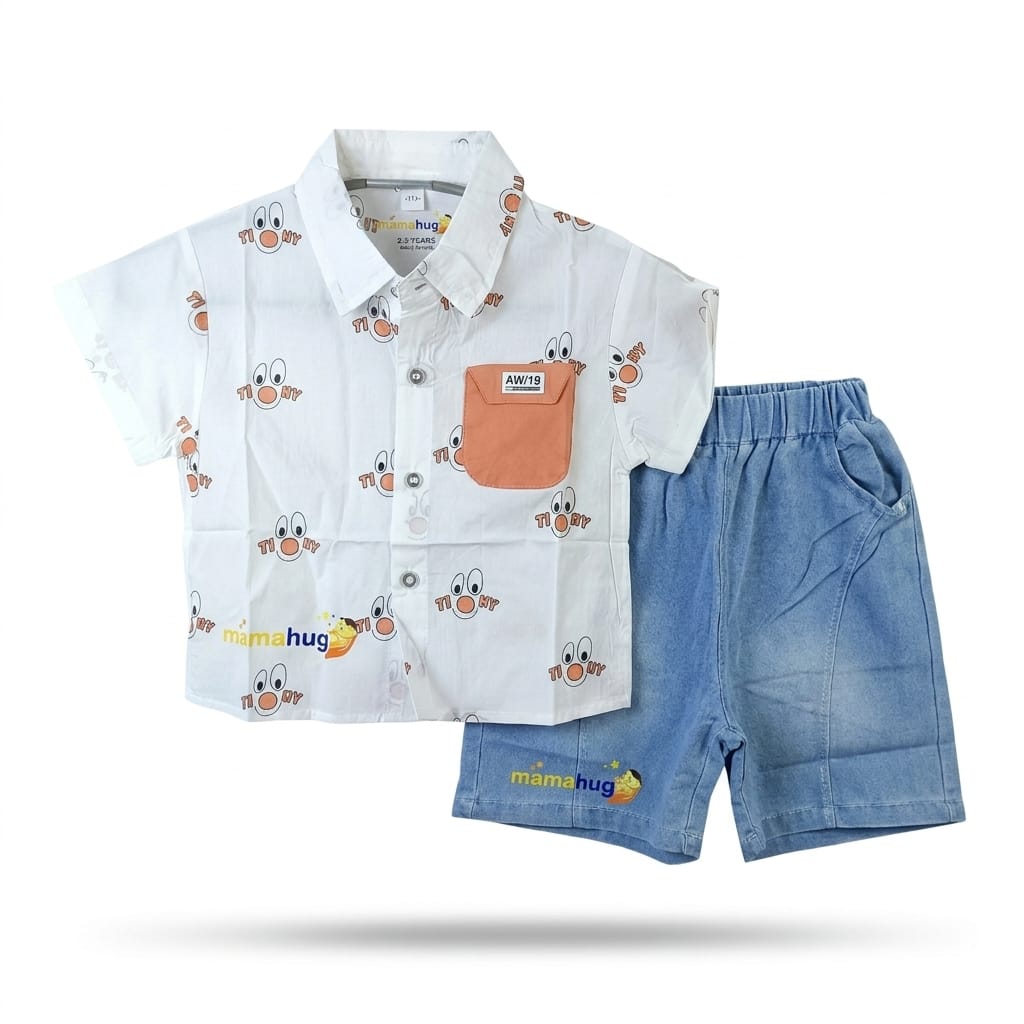 Mama Hug Boys Cartoon Print Shirt & Denim Shorts Co-Ord Set | Premium Summer Casual Outfit for Boys (1–6 Years)