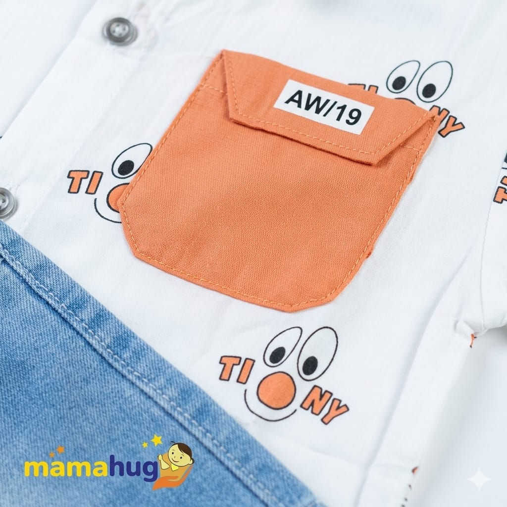 Mama Hug Boys Cartoon Print Shirt & Denim Shorts Co-Ord Set | Premium Summer Casual Outfit for Boys (1–6 Years)