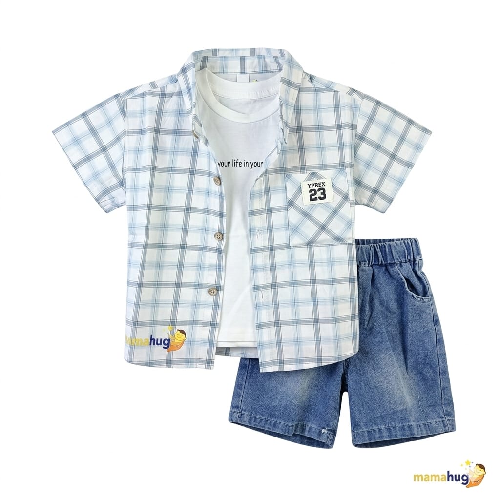 Mama Hug Boys Checked Shirt, T-Shirt & Denim Shorts Co-Ord Set | Premium 3-Piece Summer Outfit for Boys (1–6 Years)