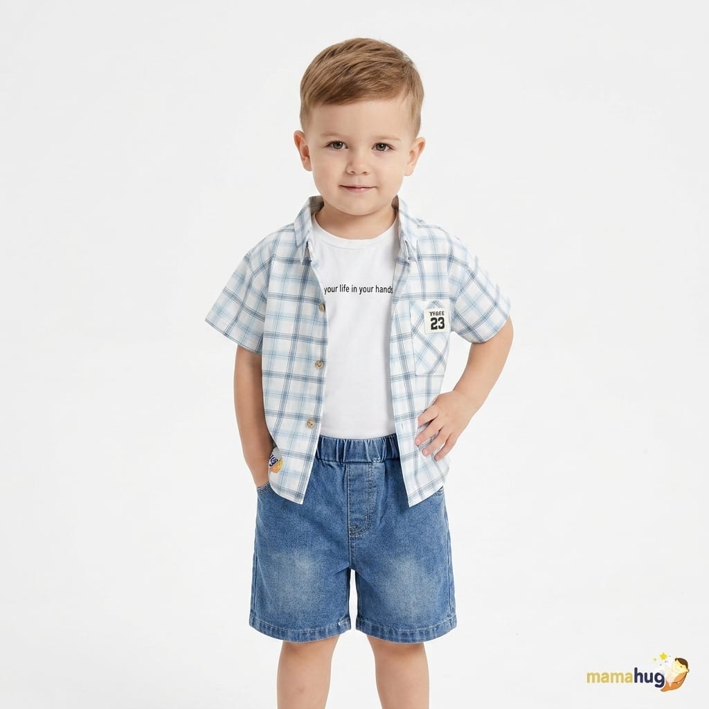 Mama Hug Boys Checked Shirt, T-Shirt & Denim Shorts Co-Ord Set | Premium 3-Piece Summer Outfit for Boys (1–6 Years)