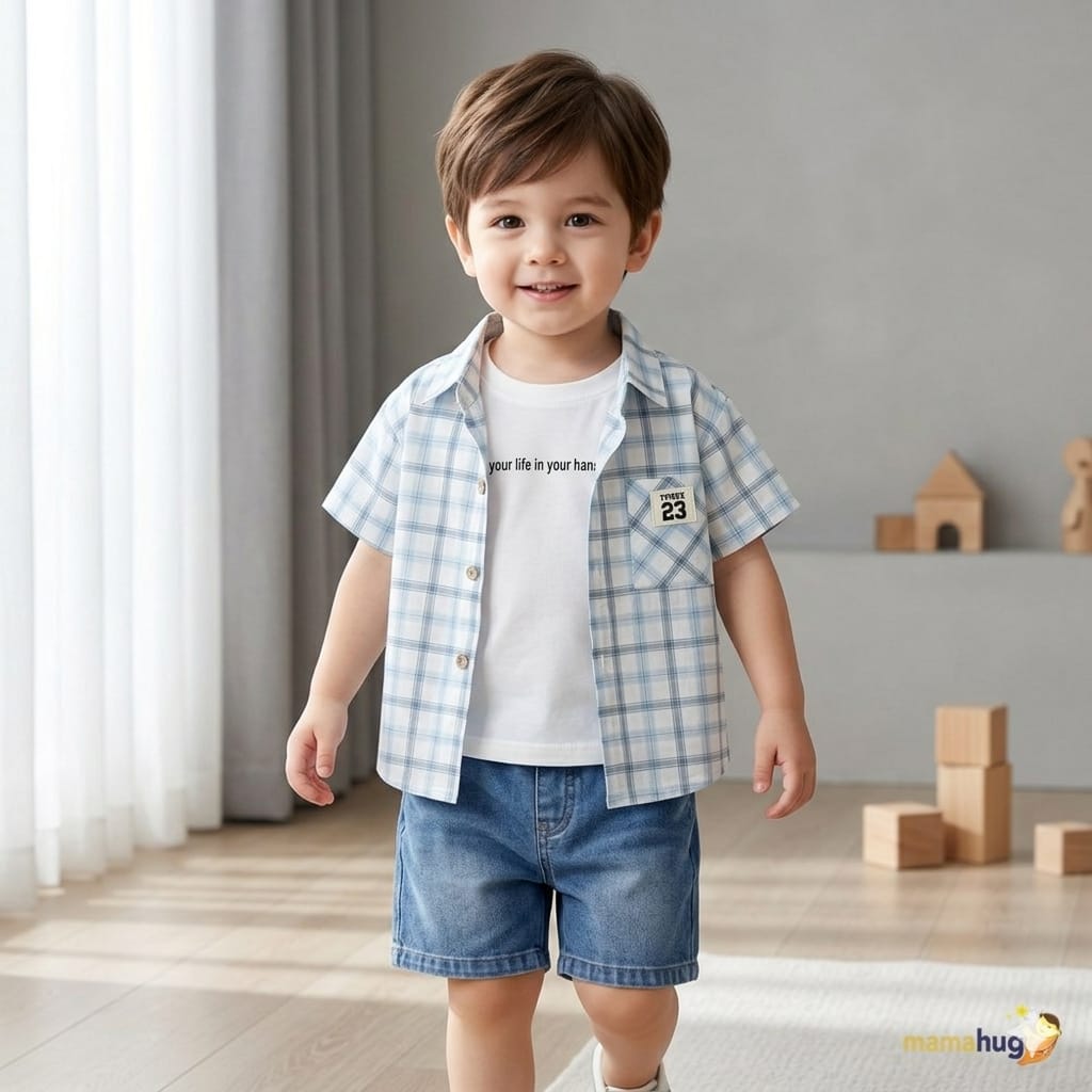 Mama Hug Boys Checked Shirt, T-Shirt & Denim Shorts Co-Ord Set | Premium 3-Piece Summer Outfit for Boys (1–6 Years)