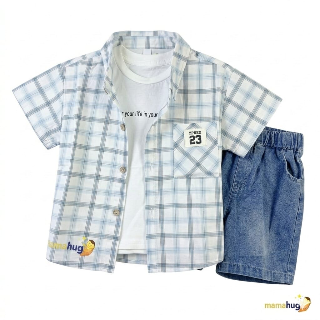 Mama Hug Boys Checked Shirt, T-Shirt & Denim Shorts Co-Ord Set | Premium 3-Piece Summer Outfit for Boys (1–6 Years)