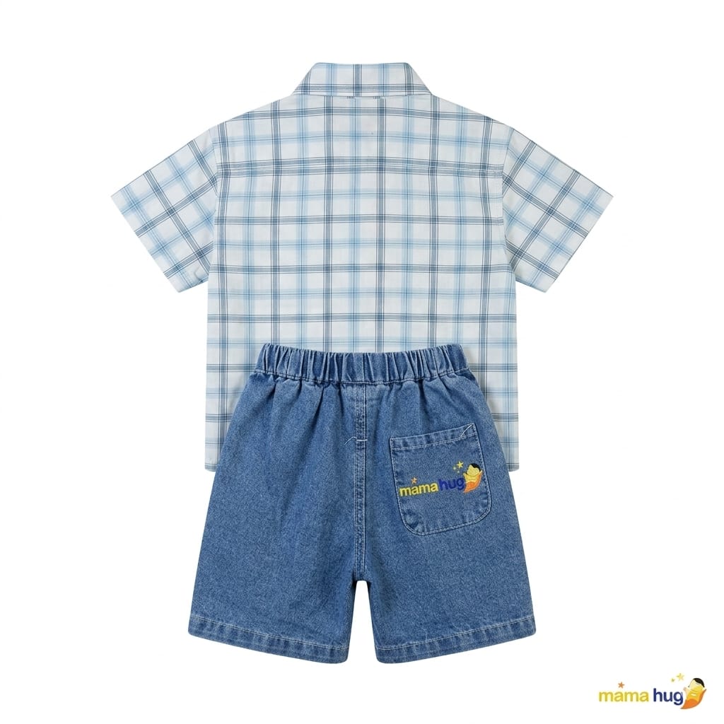 Mama Hug Boys Checked Shirt, T-Shirt & Denim Shorts Co-Ord Set | Premium 3-Piece Summer Outfit for Boys (1–6 Years)