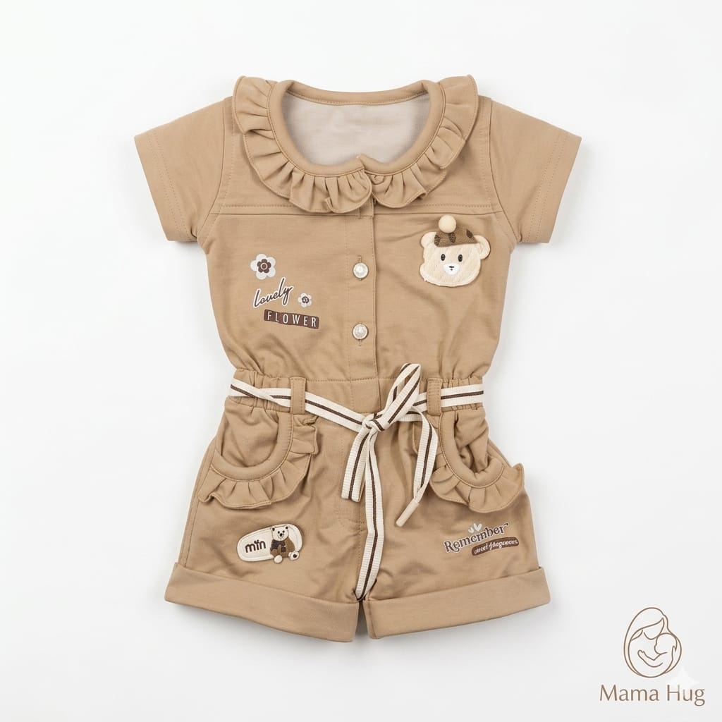 Mama Hug Girls Ruffle Romper | Premium Teddy Patch Cotton Playsuit for Girls (3–6 Years)