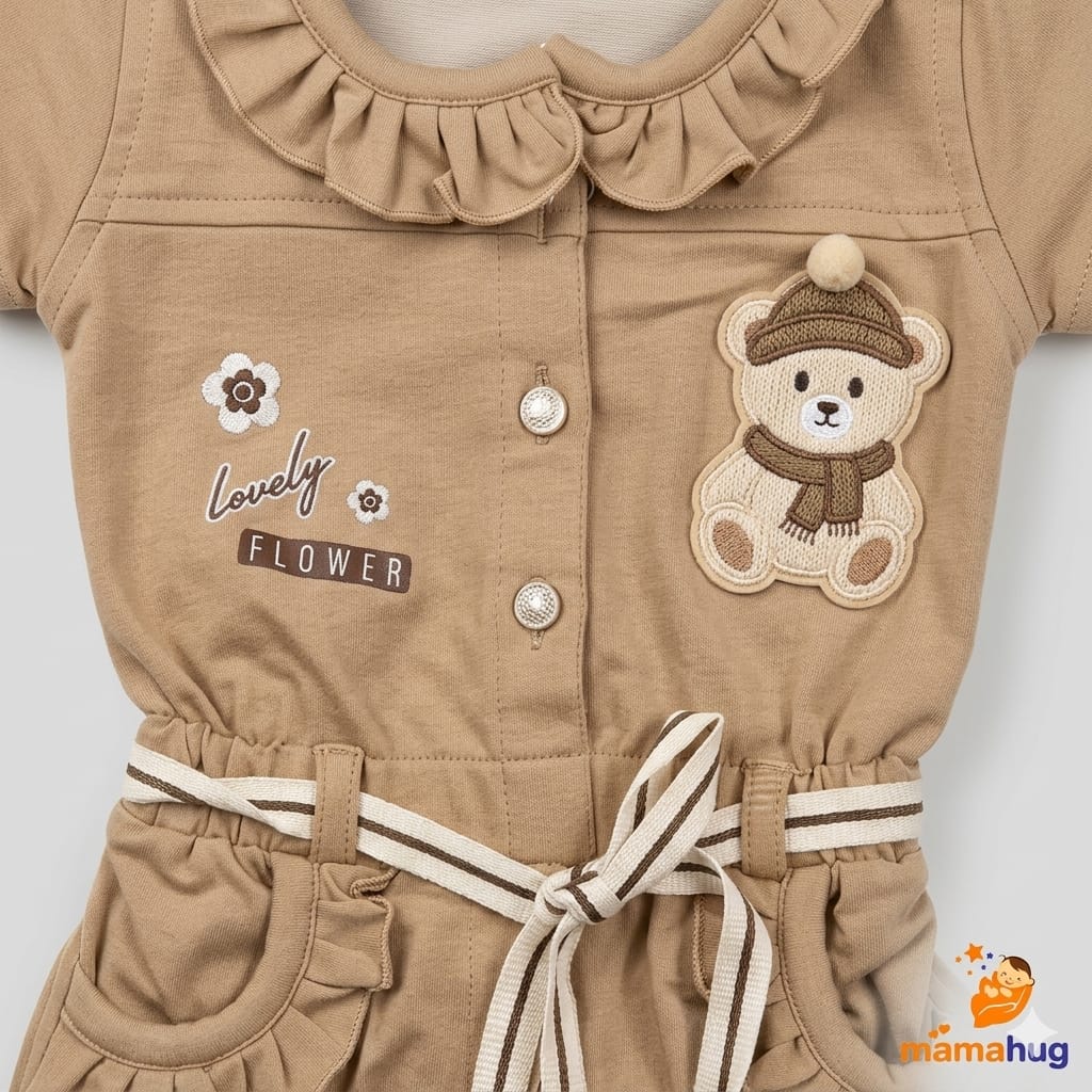Mama Hug Girls Ruffle Romper | Premium Teddy Patch Cotton Playsuit for Girls (3–6 Years)