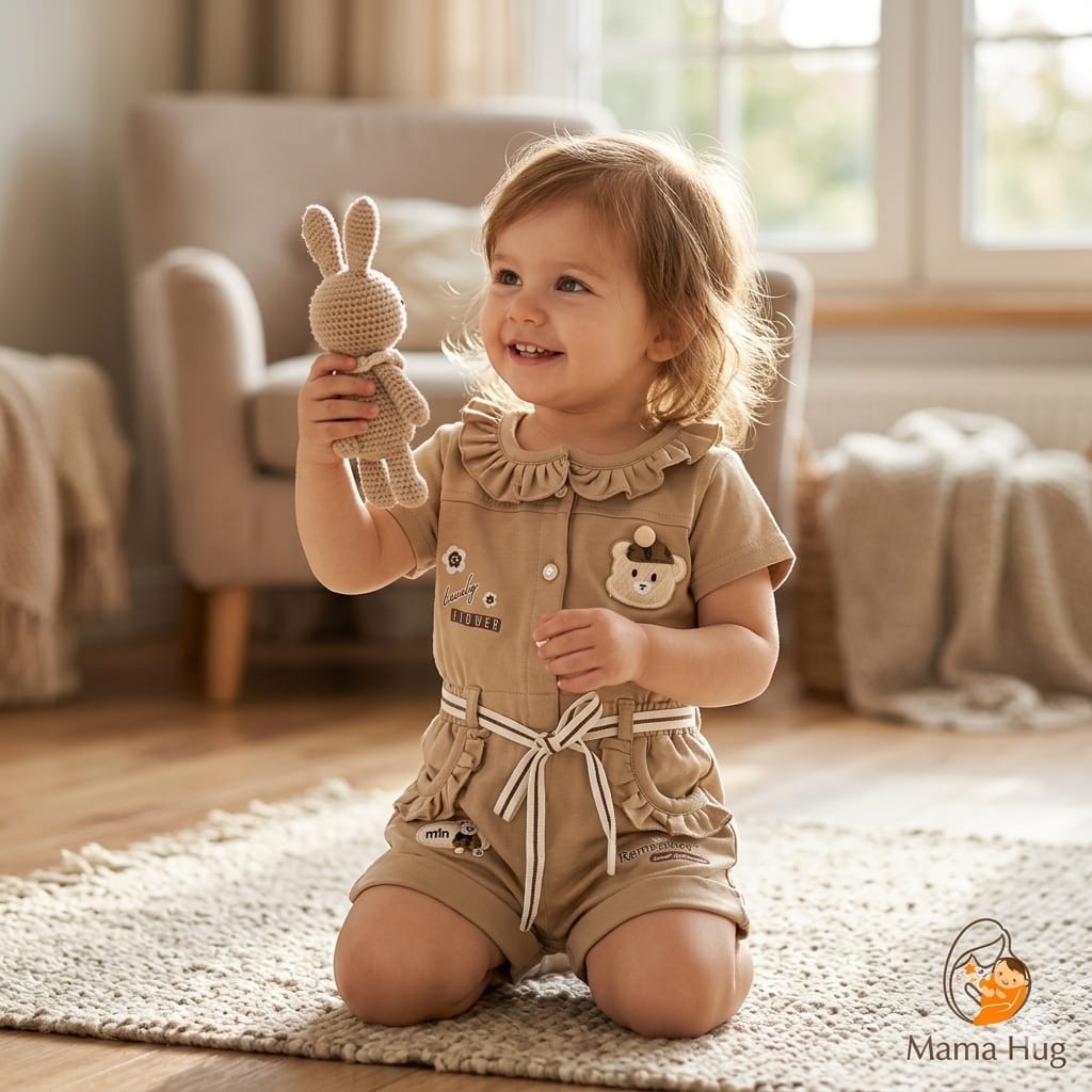 Mama Hug Girls Ruffle Romper | Premium Teddy Patch Cotton Playsuit for Girls (3–6 Years)