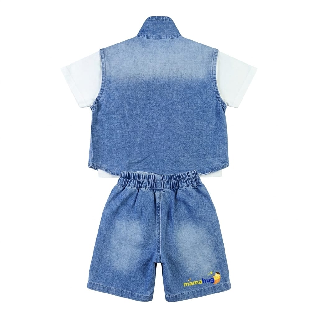 Mama Hug Kids 3-Piece Denim Co-Ord Set – T-Shirt, Shorts & Sleeveless Jacket