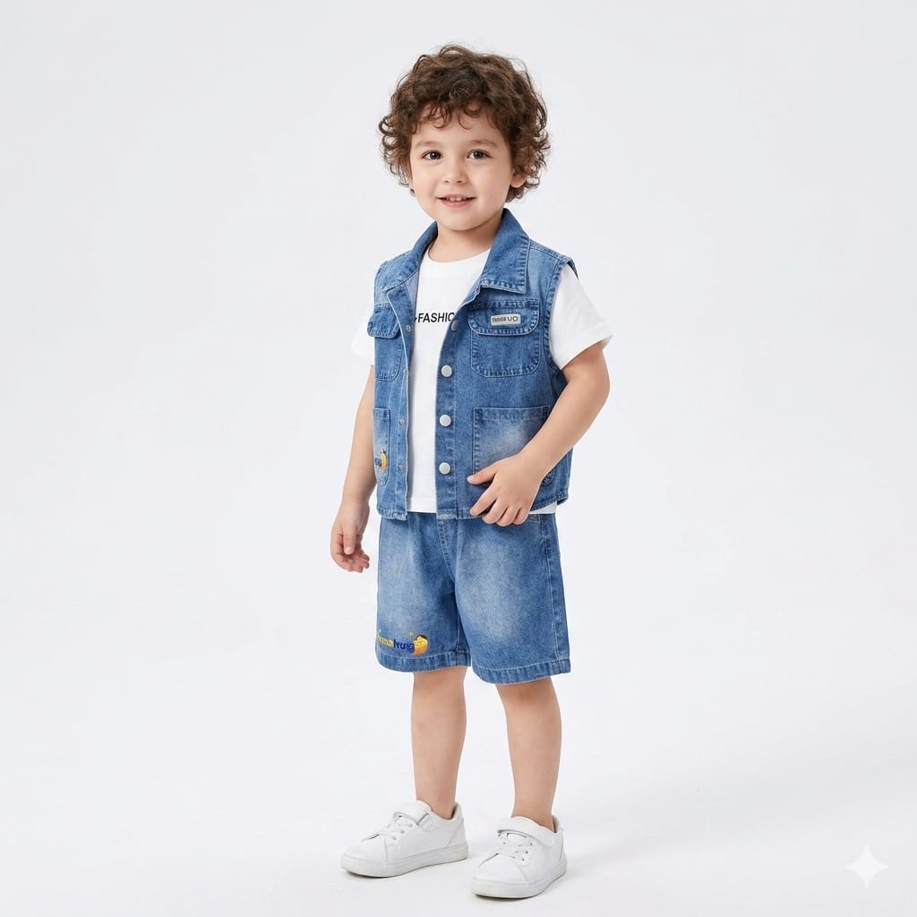 Mama Hug Kids 3-Piece Denim Co-Ord Set – T-Shirt, Shorts & Sleeveless Jacket