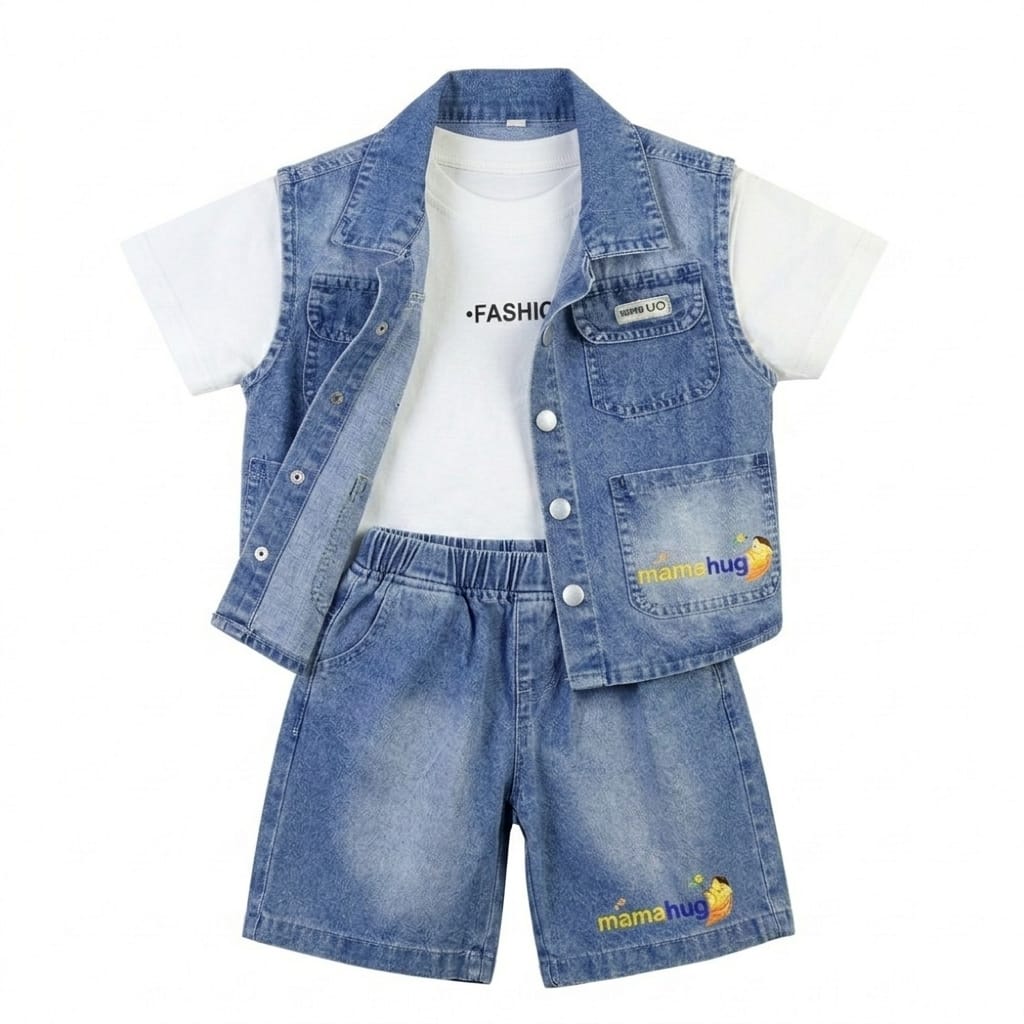 Mama Hug Kids 3-Piece Denim Co-Ord Set – T-Shirt, Shorts & Sleeveless Jacket