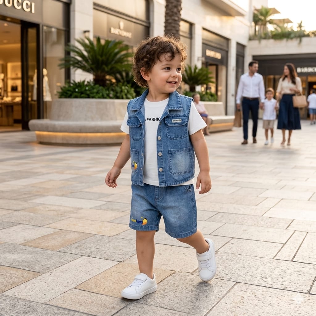 Mama Hug Kids 3-Piece Denim Co-Ord Set – T-Shirt, Shorts & Sleeveless Jacket