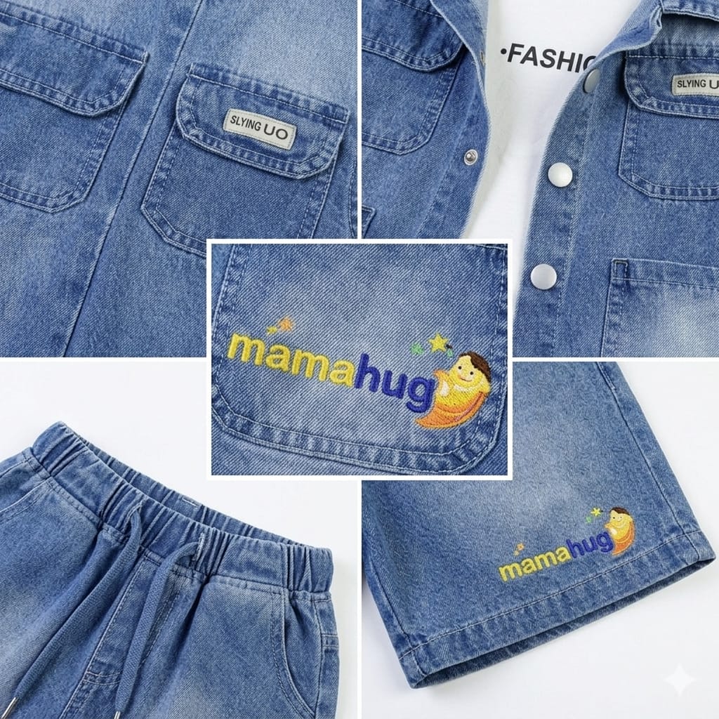 Mama Hug Kids 3-Piece Denim Co-Ord Set – T-Shirt, Shorts & Sleeveless Jacket