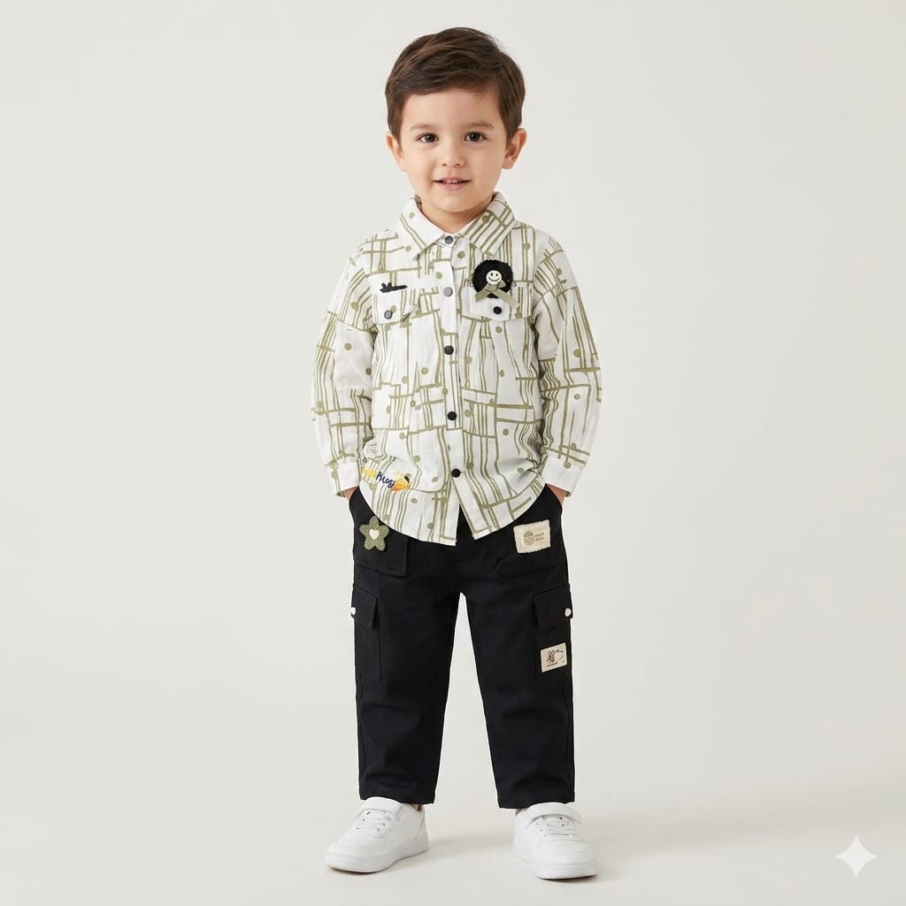 Mama Hug Boys Premium Printed Shirt & Cargo Pant Co-Ord Set | Smart Casual Party Outfit for Boys (5–8 Years)
