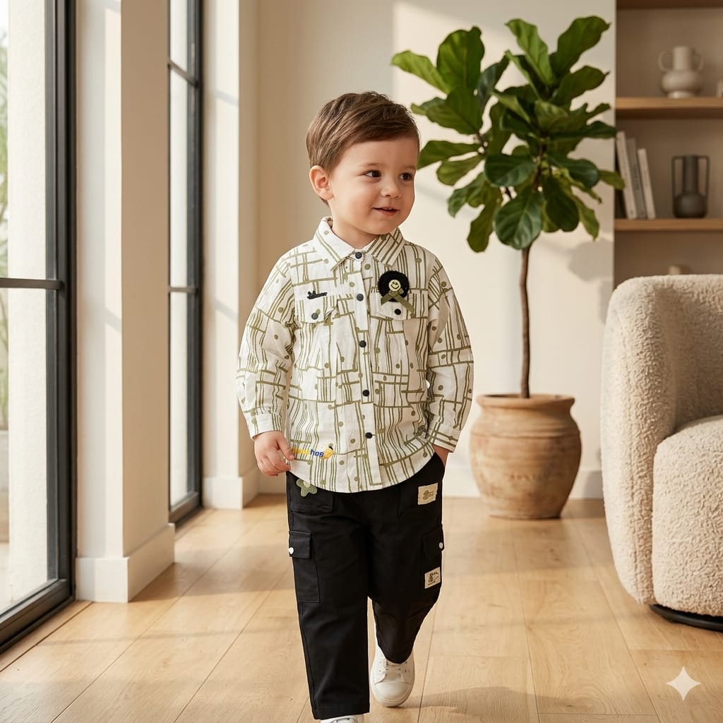 Mama Hug Boys Premium Printed Shirt & Cargo Pant Co-Ord Set | Smart Casual Party Outfit for Boys (5–8 Years)