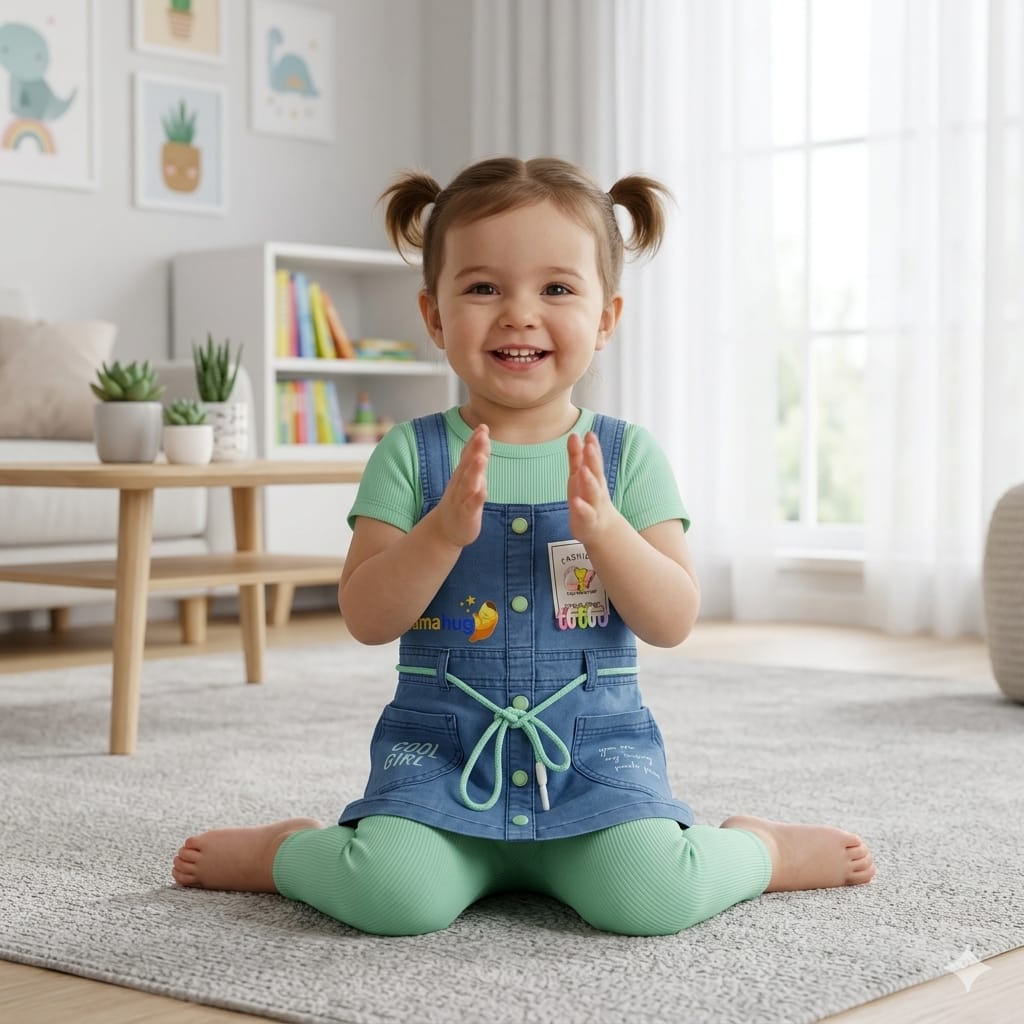 Mama Hug Girls Premium Denim Pinafore Co-ord Set | T-Shirt + Denim Dress + Leggings Outfit for Girls (3–6 Years)
