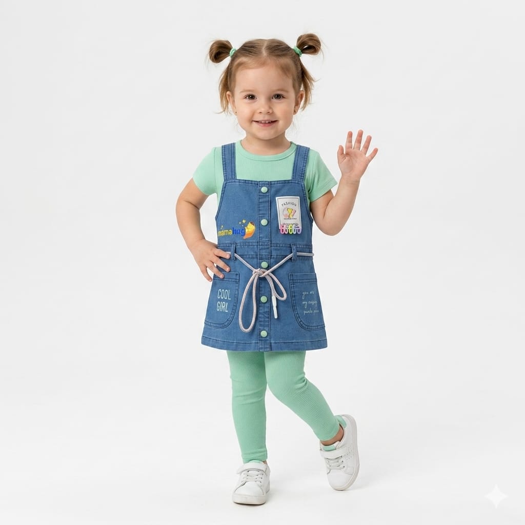 Mama Hug Girls Premium Denim Pinafore Co-ord Set | T-Shirt + Denim Dress + Leggings Outfit for Girls (3–6 Years)