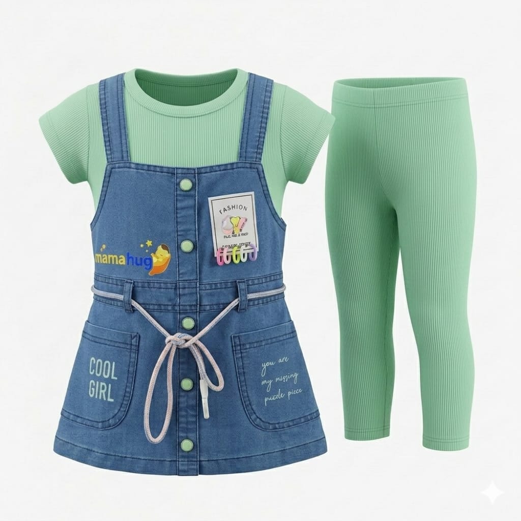 Mama Hug Girls Premium Denim Pinafore Co-ord Set | T-Shirt + Denim Dress + Leggings Outfit for Girls (3–6 Years)