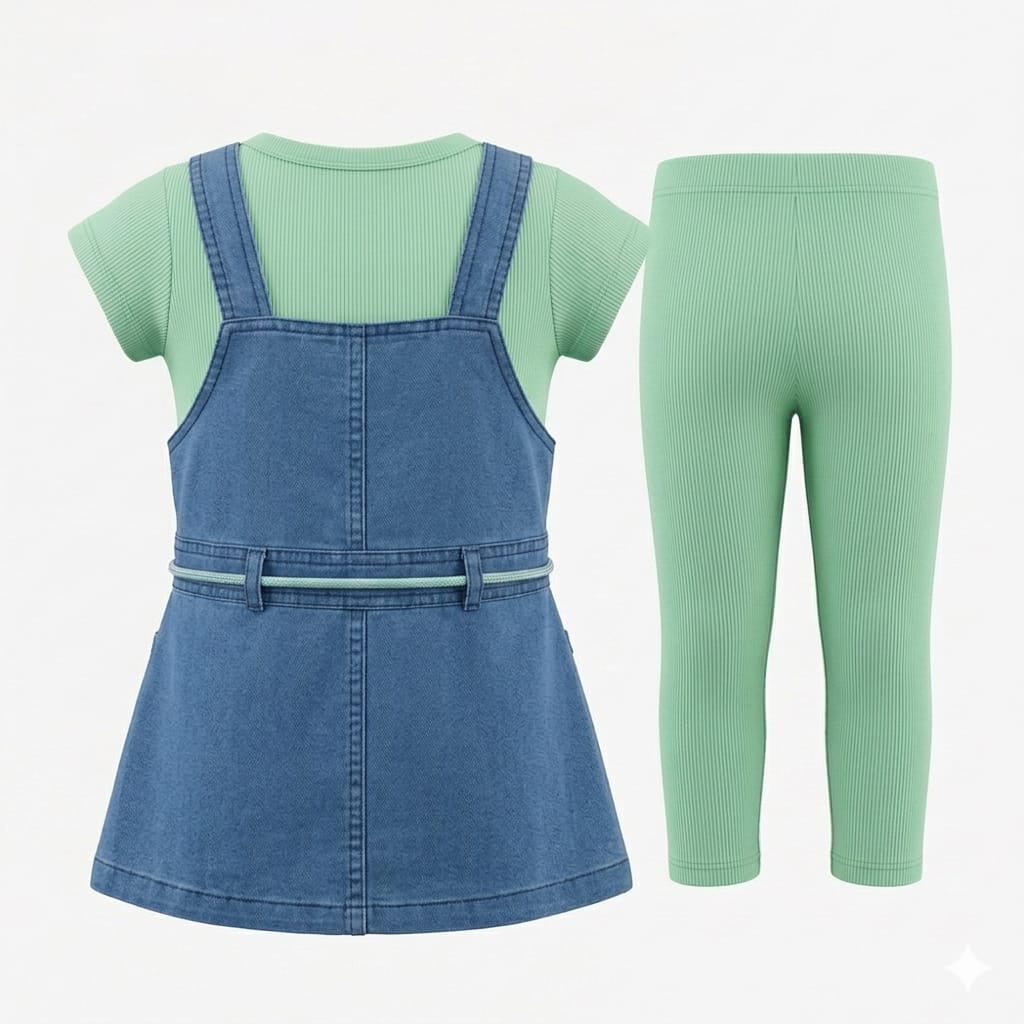 Mama Hug Girls Premium Denim Pinafore Co-ord Set | T-Shirt + Denim Dress + Leggings Outfit for Girls (3–6 Years)