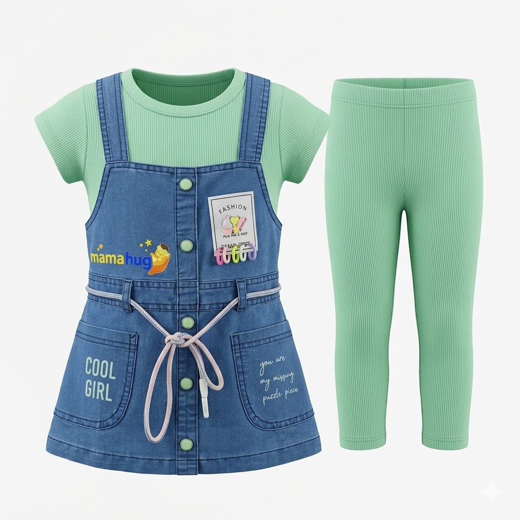 Mama Hug Girls Premium Denim Pinafore Co-ord Set | T-Shirt + Denim Dress + Leggings Outfit for Girls (3–6 Years)