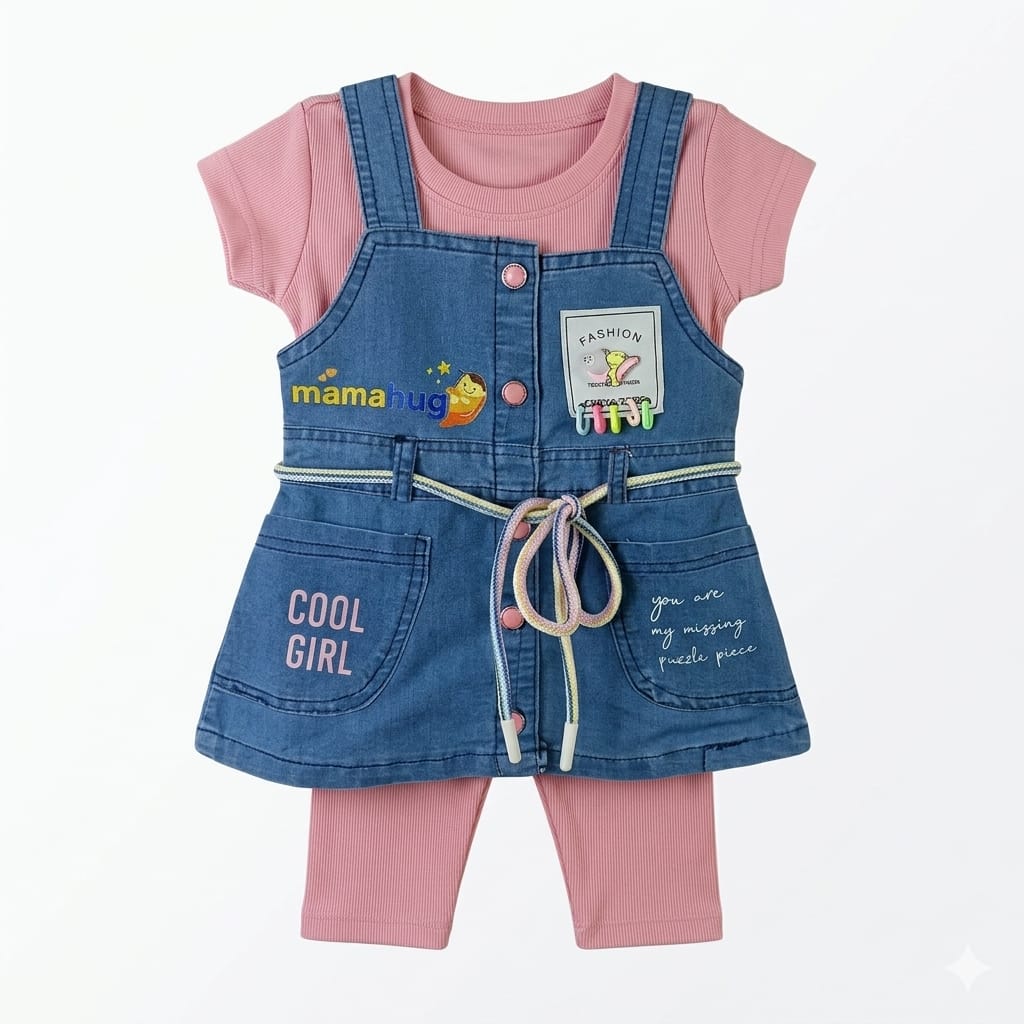 Mama Hug Girls Premium Denim Pinafore Co-ord Set | T-Shirt + Denim Dress + Leggings Outfit for Girls (3–6 Years)