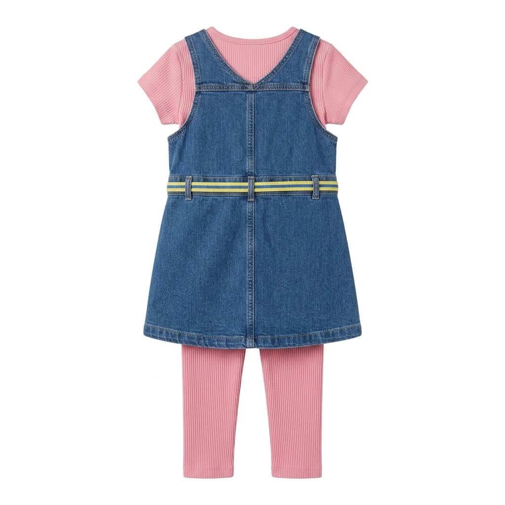 Mama Hug Girls Premium Denim Pinafore Co-ord Set | T-Shirt + Denim Dress + Leggings Outfit for Girls (3–6 Years)