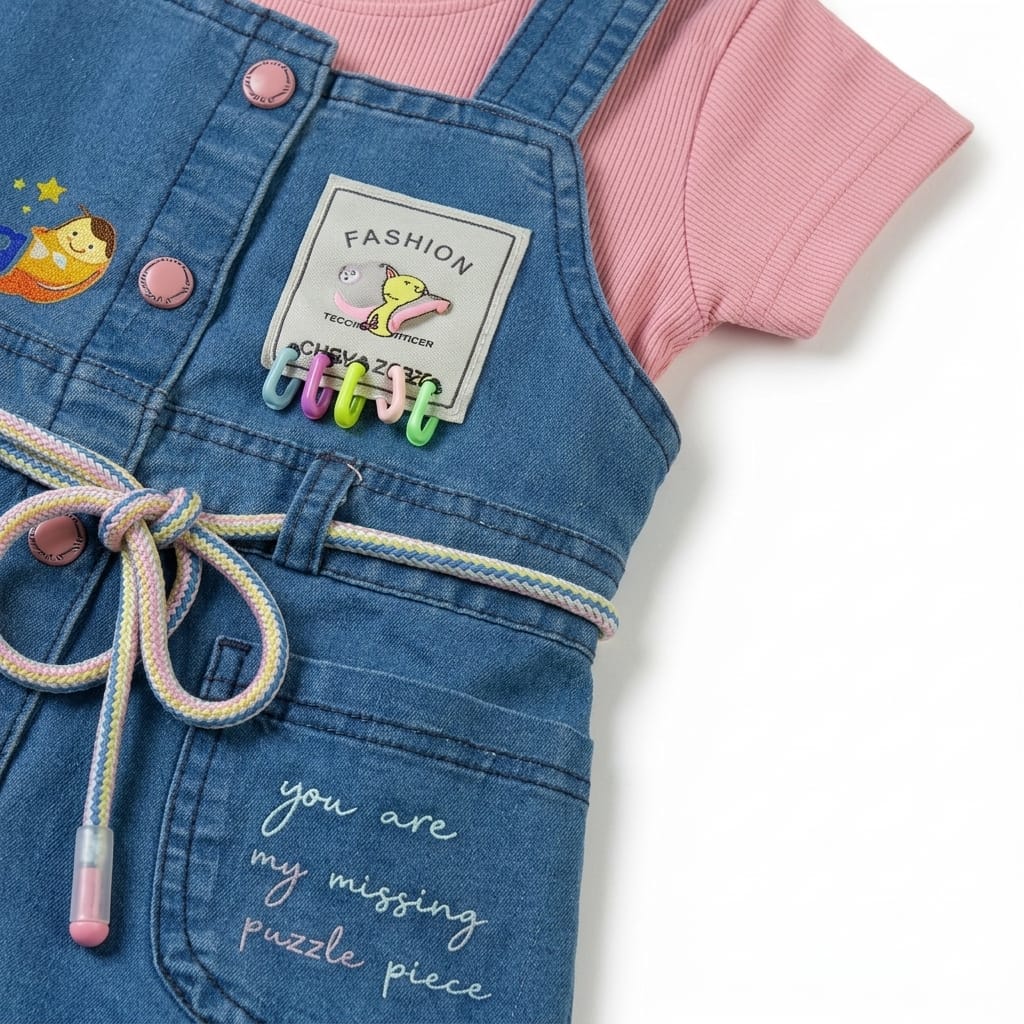 Mama Hug Girls Premium Denim Pinafore Co-ord Set | T-Shirt + Denim Dress + Leggings Outfit for Girls (3–6 Years)