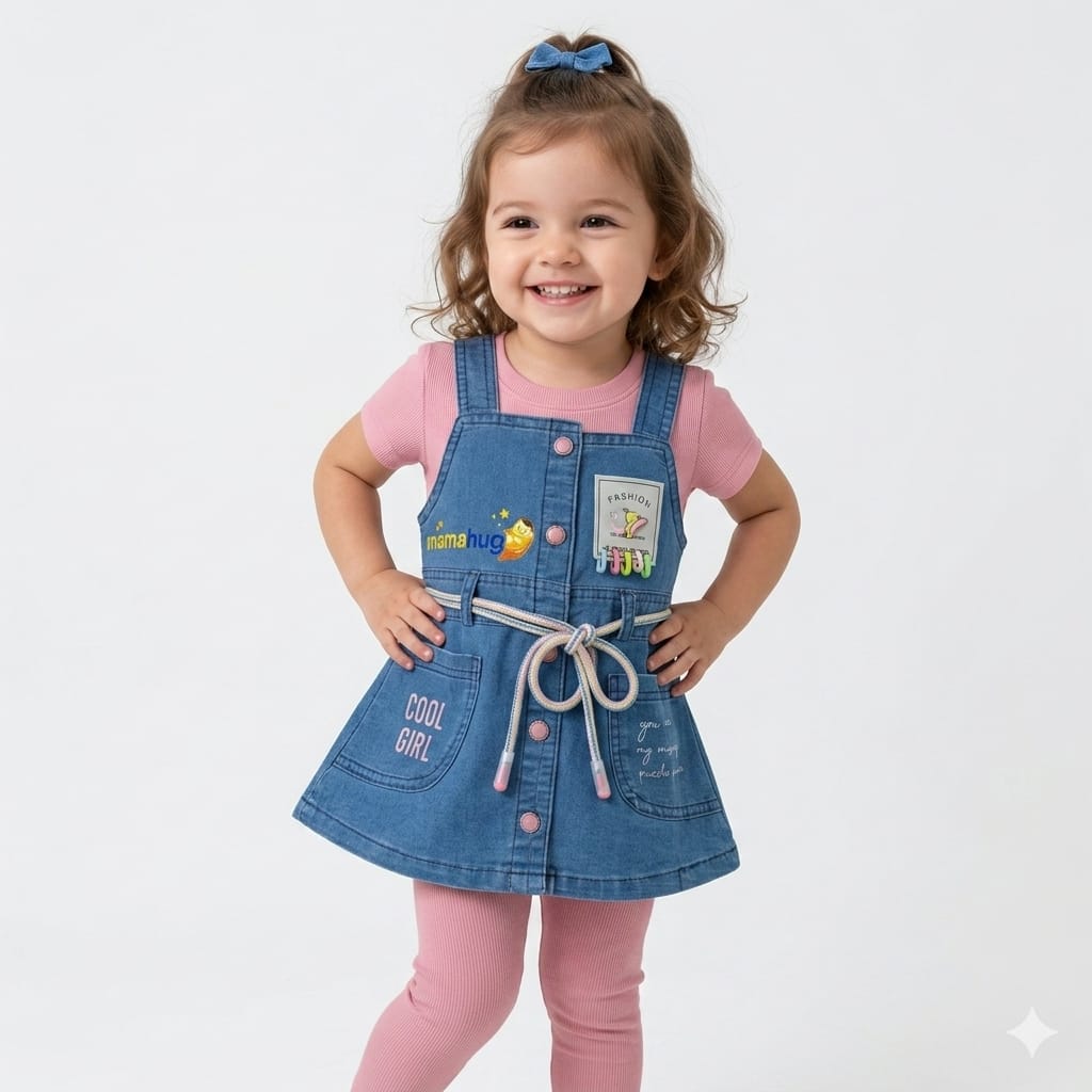 Mama Hug Girls Premium Denim Pinafore Co-ord Set | T-Shirt + Denim Dress + Leggings Outfit for Girls (3–6 Years)