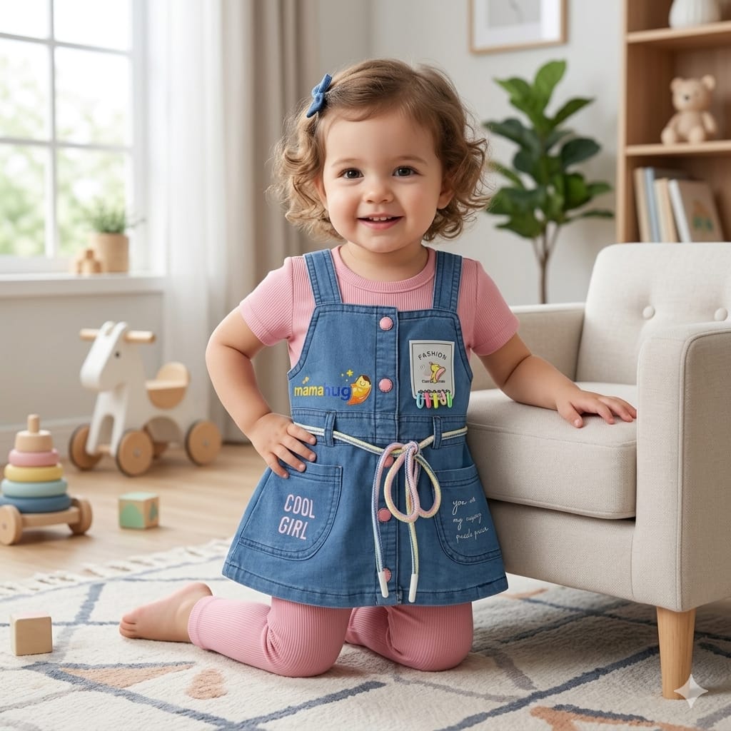 Mama Hug Girls Premium Denim Pinafore Co-ord Set | T-Shirt + Denim Dress + Leggings Outfit for Girls (3–6 Years)
