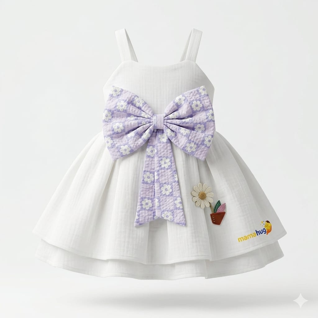 Mama Hug Baby Girls Premium Bow Party Dress | Soft Cotton Summer Fancy Dress for Girls (1-2 Years)