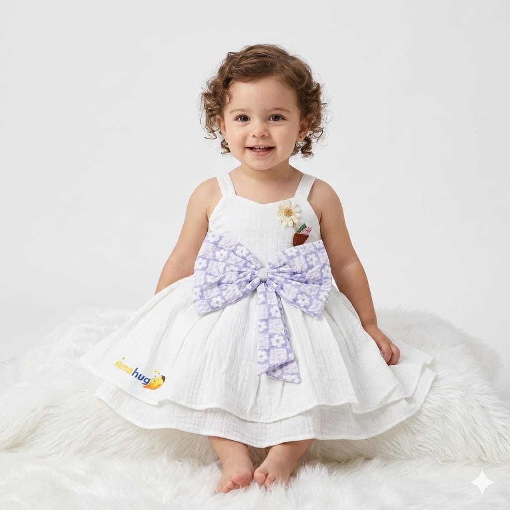 Mama Hug Baby Girls Premium Bow Party Dress | Soft Cotton Summer Fancy Dress for Girls (1-2 Years)