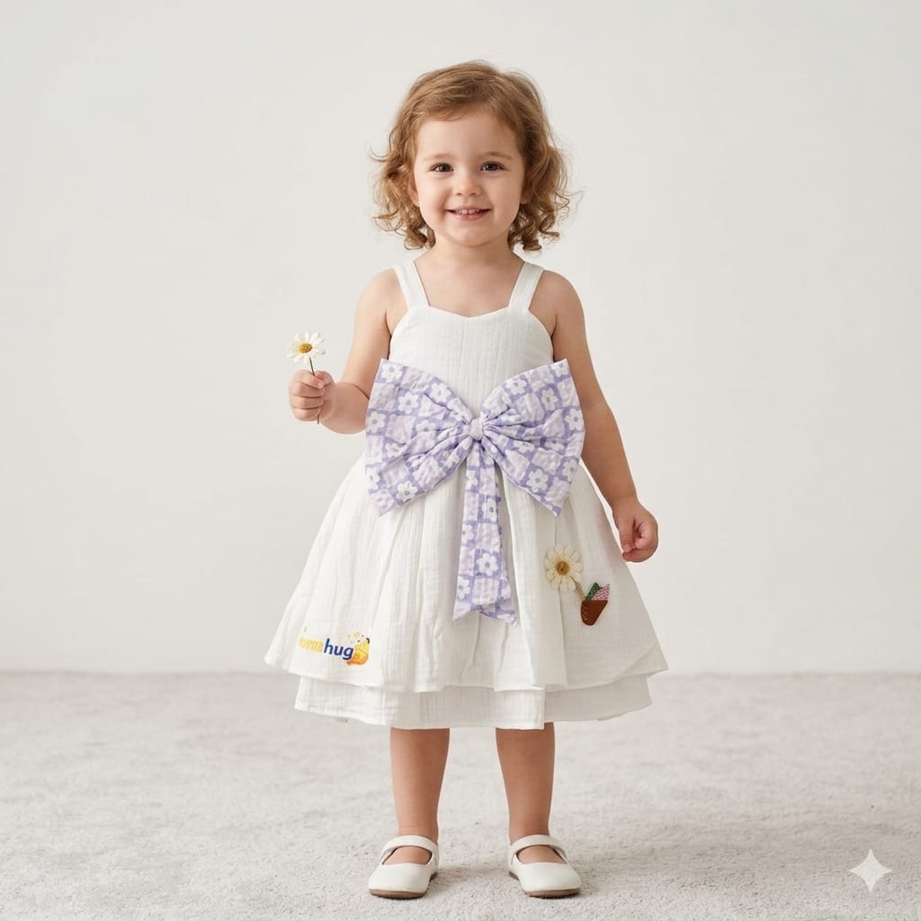 Mama Hug Baby Girls Premium Bow Party Dress | Soft Cotton Summer Fancy Dress for Girls (1-2 Years)