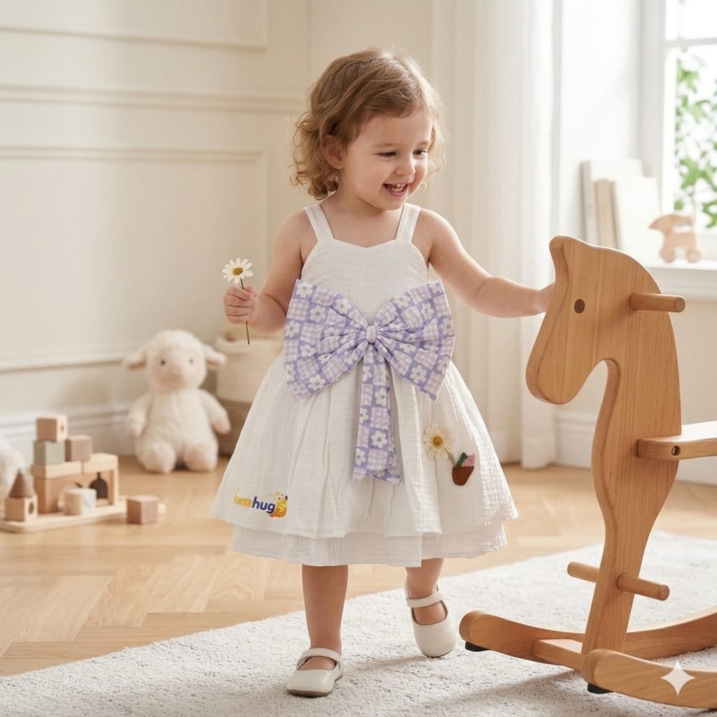Mama Hug Baby Girls Premium Bow Party Dress | Soft Cotton Summer Fancy Dress for Girls (1-2 Years)
