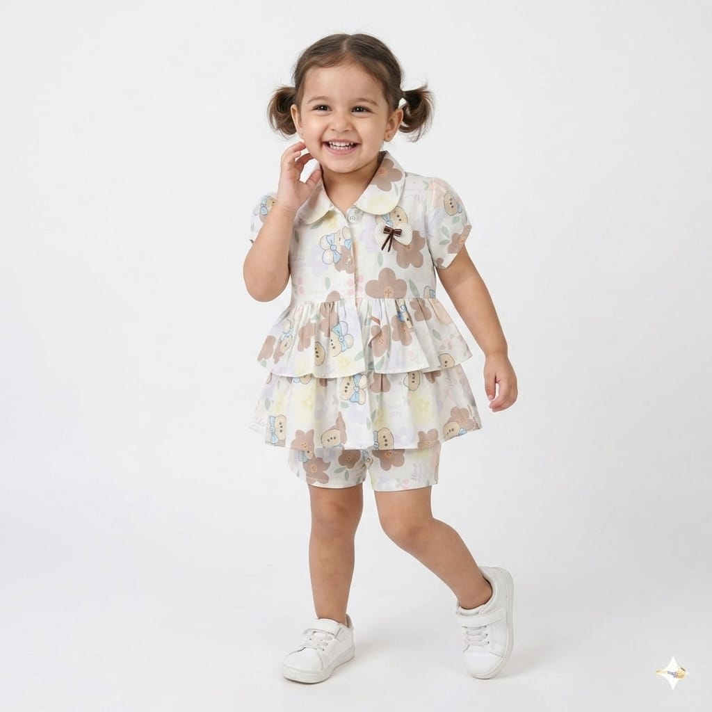 Mama Hug Girls Floral Layered Co-Ord Set | Premium Summer Printed Top & Shorts Set for Girls (3-6 Years)