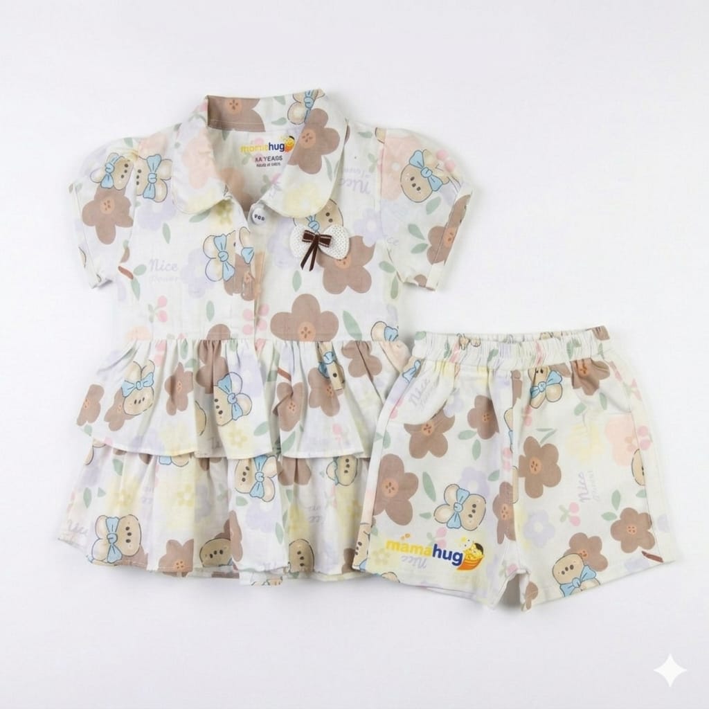 Mama Hug Girls Floral Layered Co-Ord Set | Premium Summer Printed Top & Shorts Set for Girls (3-6 Years)