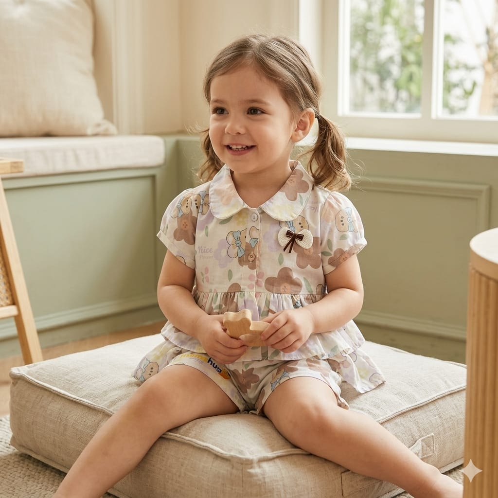 Mama Hug Girls Floral Layered Co-Ord Set | Premium Summer Printed Top & Shorts Set for Girls (3-6 Years)