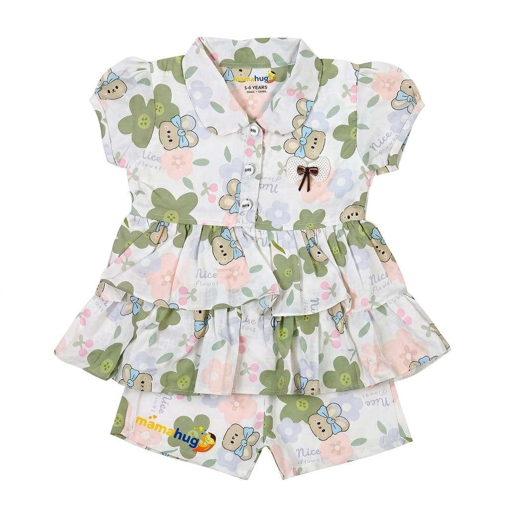Mama Hug Girls Floral Layered Co-Ord Set | Premium Summer Printed Top & Shorts Set for Girls (3-6 Years)