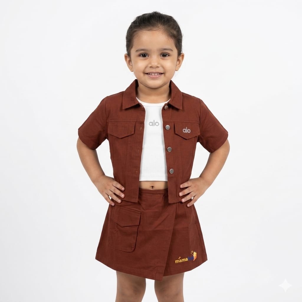 Mama Hug Girls Premium 3-Piece Co-Ord Set | Stylish Jacket Top with Skirt Set for Girls (1-6 Years)