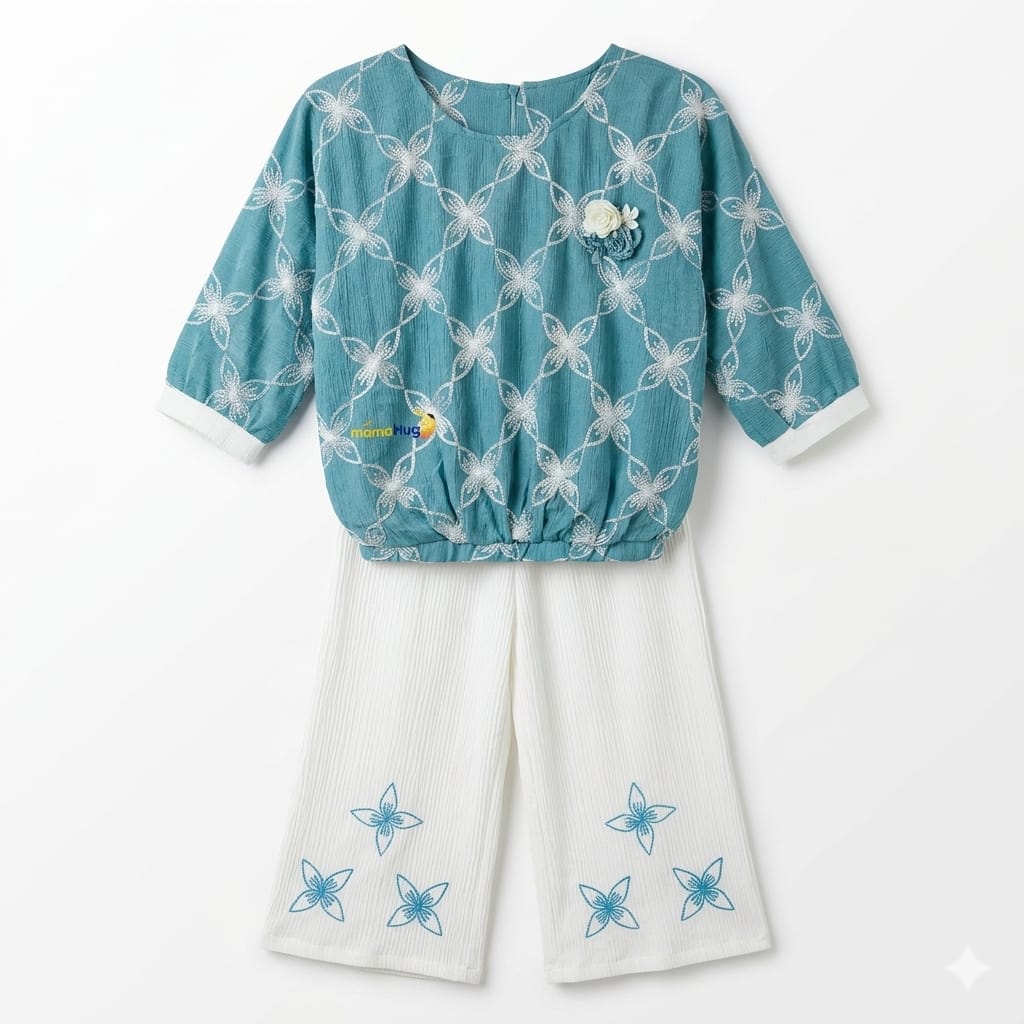 Mama Hug Girls Premium Embroidered Co-Ord Set | Designer Top with Wide Leg Palazzo Set for Girls (5-11 Years)