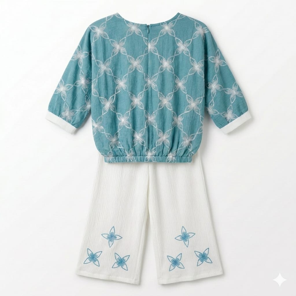 Mama Hug Girls Premium Embroidered Co-Ord Set | Designer Top with Wide Leg Palazzo Set for Girls (5-11 Years)