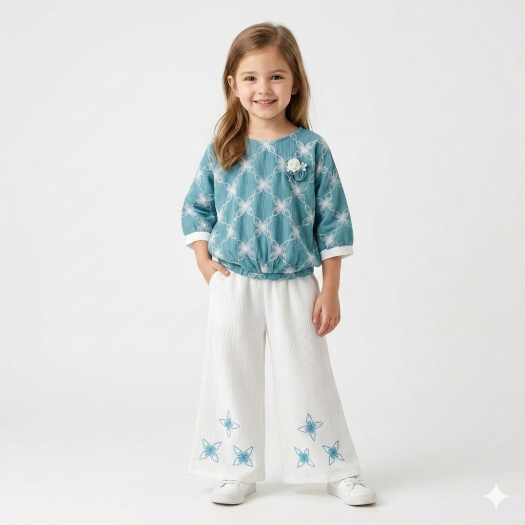 Mama Hug Girls Premium Embroidered Co-Ord Set | Designer Top with Wide Leg Palazzo Set for Girls (5-11 Years)
