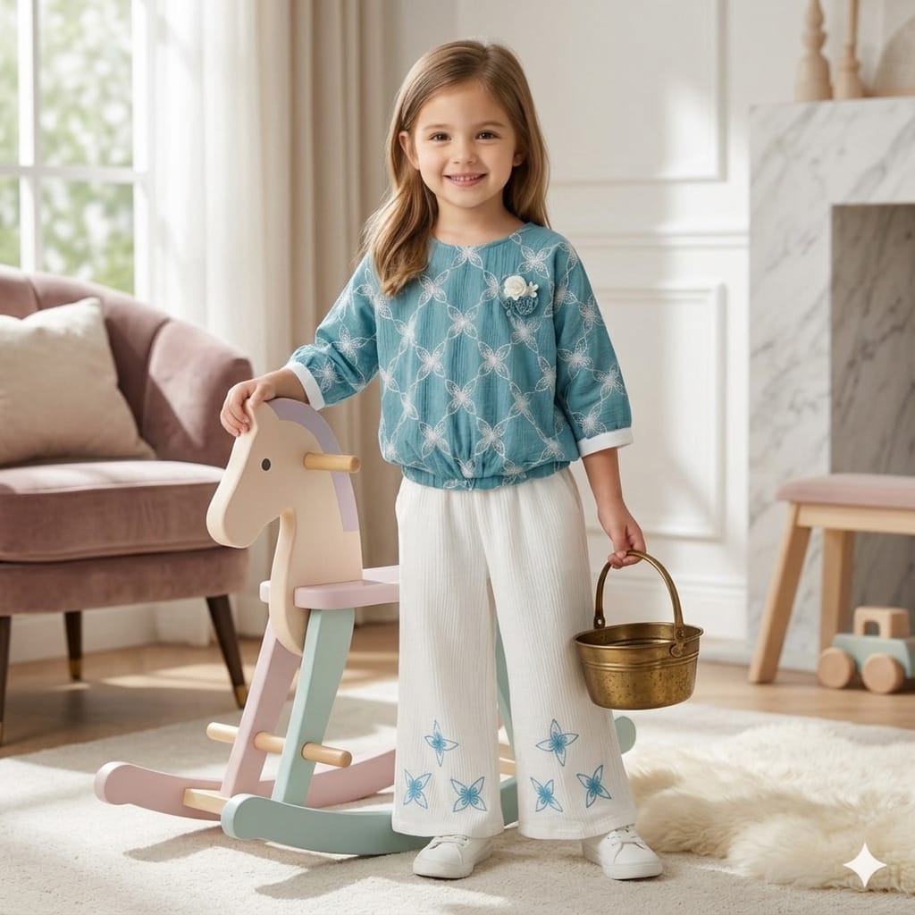 Mama Hug Girls Premium Embroidered Co-Ord Set | Designer Top with Wide Leg Palazzo Set for Girls (5-11 Years)