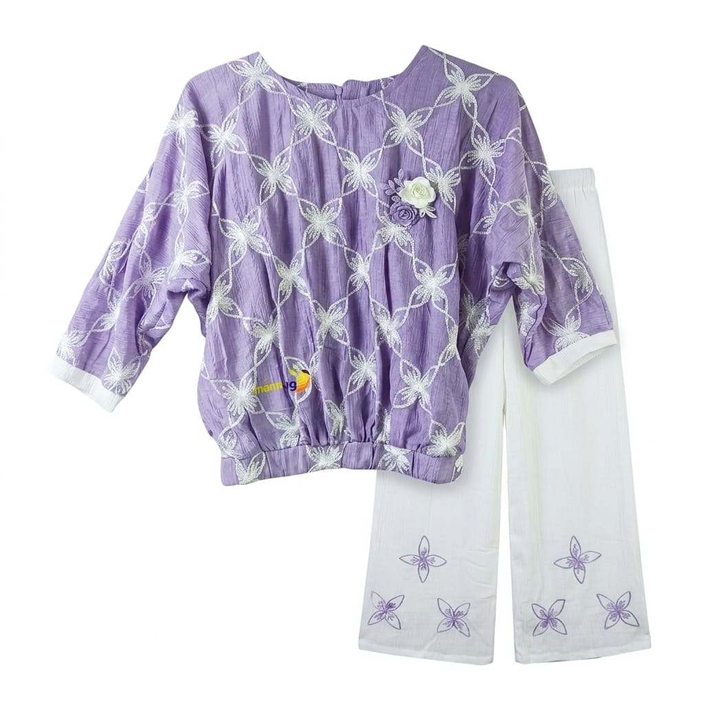 Mama Hug Girls Premium Embroidered Co-Ord Set | Designer Top with Wide Leg Palazzo Set for Girls (5-11 Years)