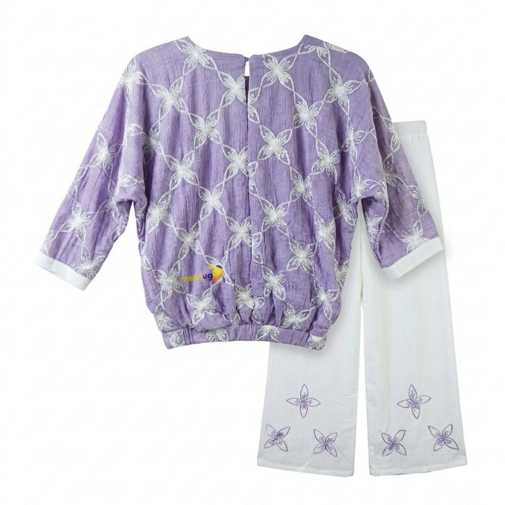 Mama Hug Girls Premium Embroidered Co-Ord Set | Designer Top with Wide Leg Palazzo Set for Girls (5-11 Years)