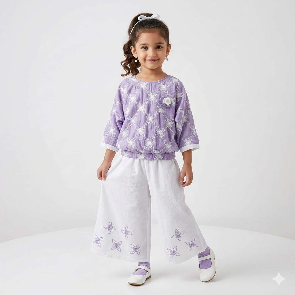 Mama Hug Girls Premium Embroidered Co-Ord Set | Designer Top with Wide Leg Palazzo Set for Girls (5-11 Years)