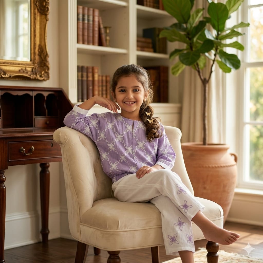 Mama Hug Girls Premium Embroidered Co-Ord Set | Designer Top with Wide Leg Palazzo Set for Girls (5-11 Years)