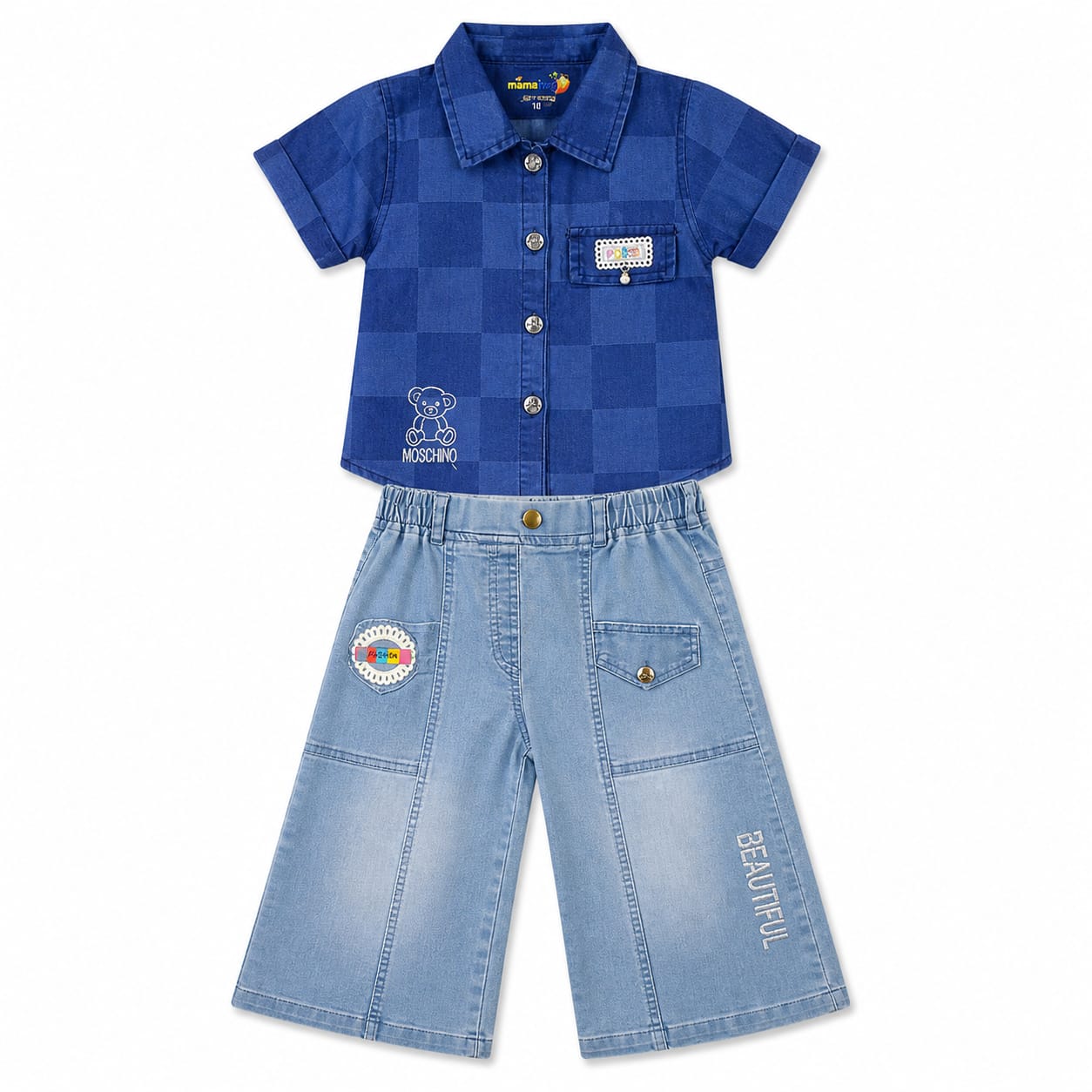 Mama Hug Girls Premium Denim Co-Ord Set | Checked Shirt with Wide Leg Denim Palazzo Set for Girls (8-11 Years)