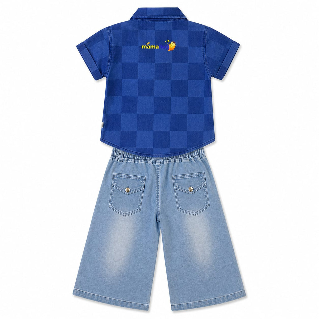 Mama Hug Girls Premium Denim Co-Ord Set | Checked Shirt with Wide Leg Denim Palazzo Set for Girls (8-11 Years)